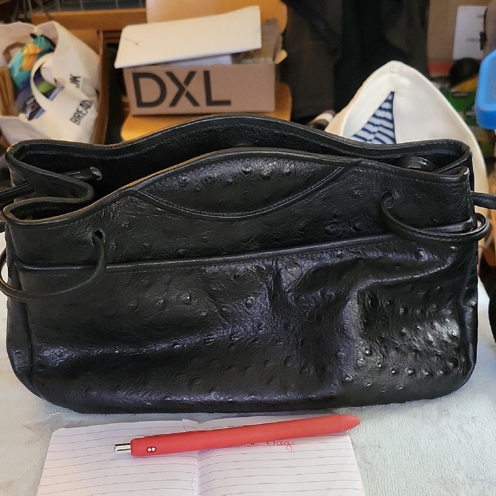 Elegant Black Ostrich Textured Shoulder Bag